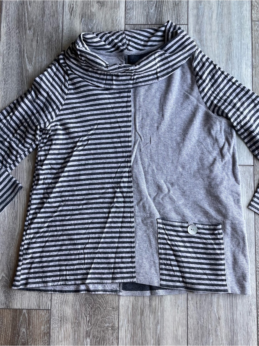 Soft Surroundings Large Gray Stripe Cowl Neck Pullover Top Cozy Knit Roll Sleeve